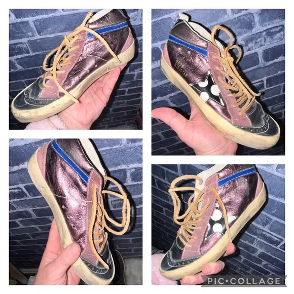 Auth. EUC Golden Goose, super rare, Mid/Star Bordeau trainers in Ametista Lame’